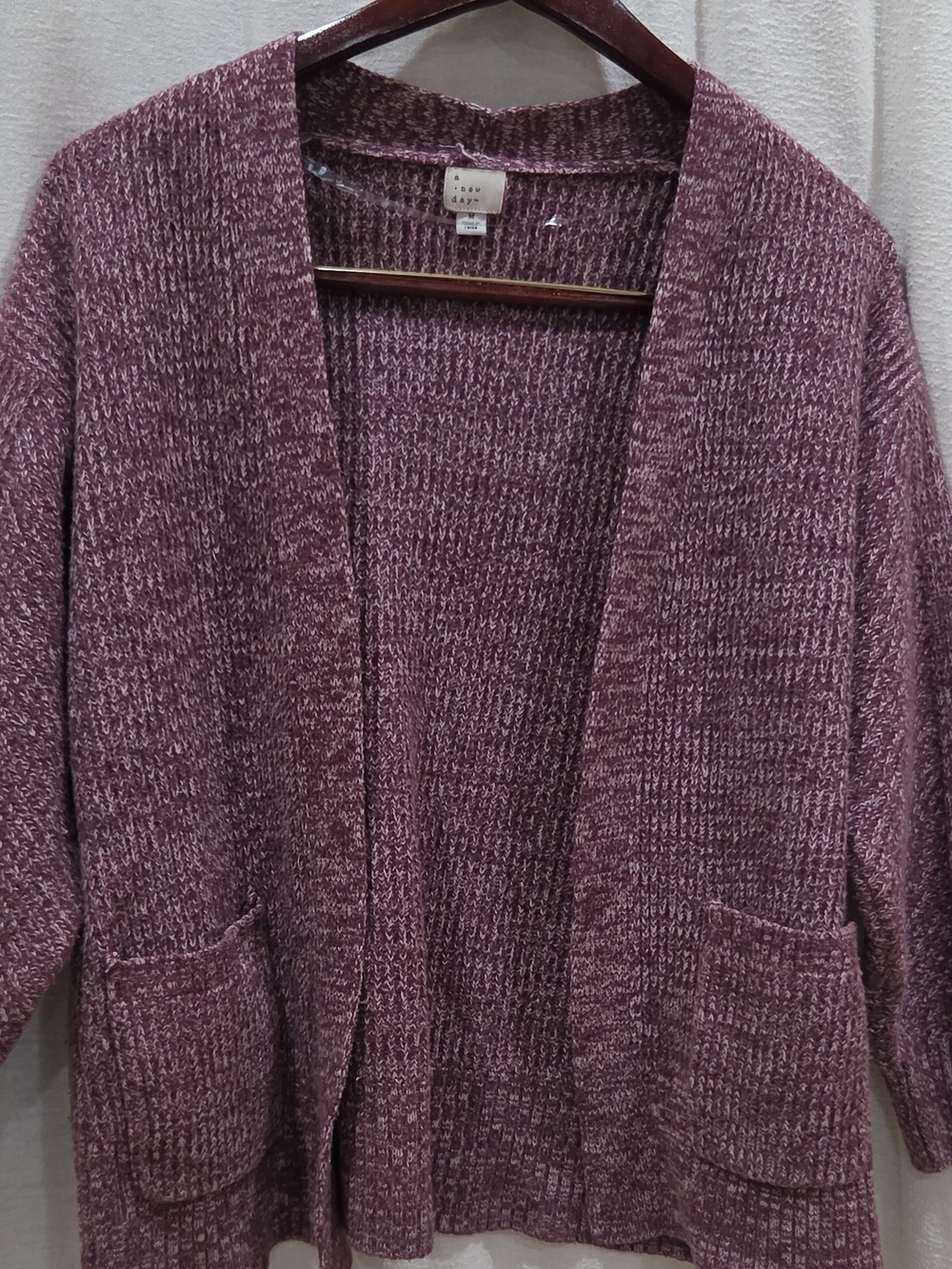 A New Day Womens M Purple White Knit Cardigan Sweater Open Front Pockets